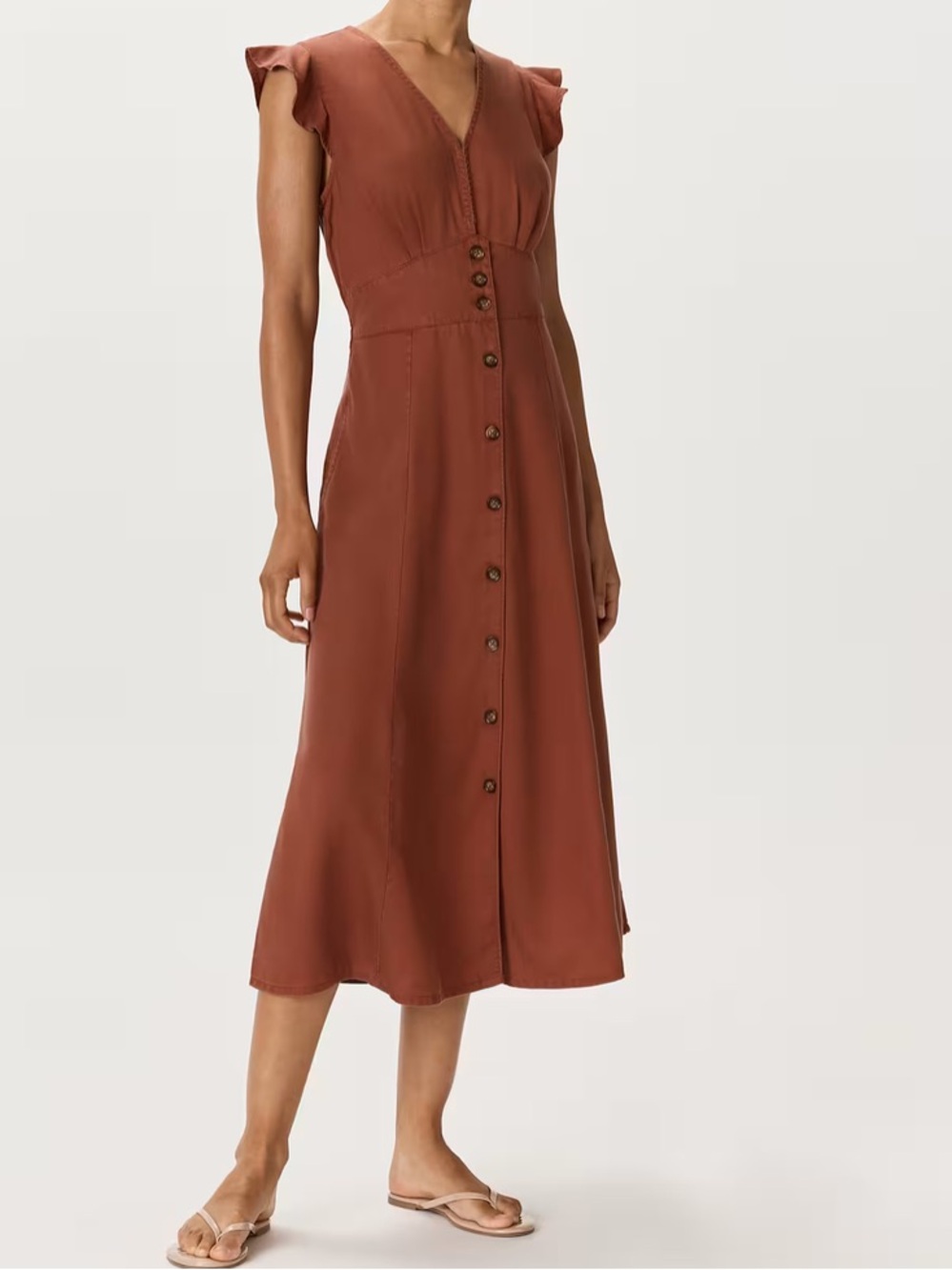 QUINCE vintage wash Tencel button front flowy midi dress terracotta sz xs